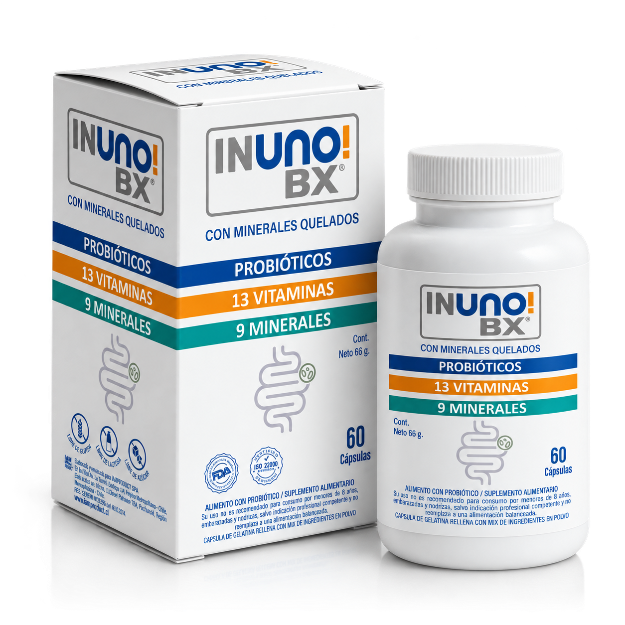 Caja y frasco de INUNO! BX con sellos FDA e ISO 22000, 60 cápsulas